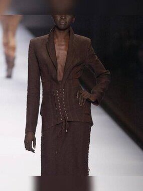 Jean Paul Gaultier Femme SS04 Runway Brown Linen Cutout Lace-Up Blazer